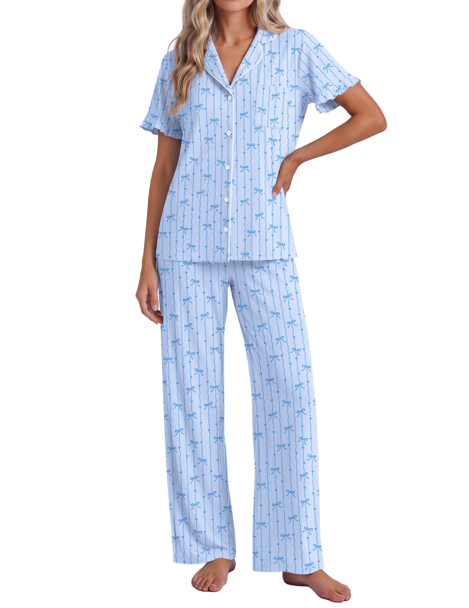 Ekouaer Pajamas for Women Set Button Up Soft Pjs Short Sleeve Lounge Sets