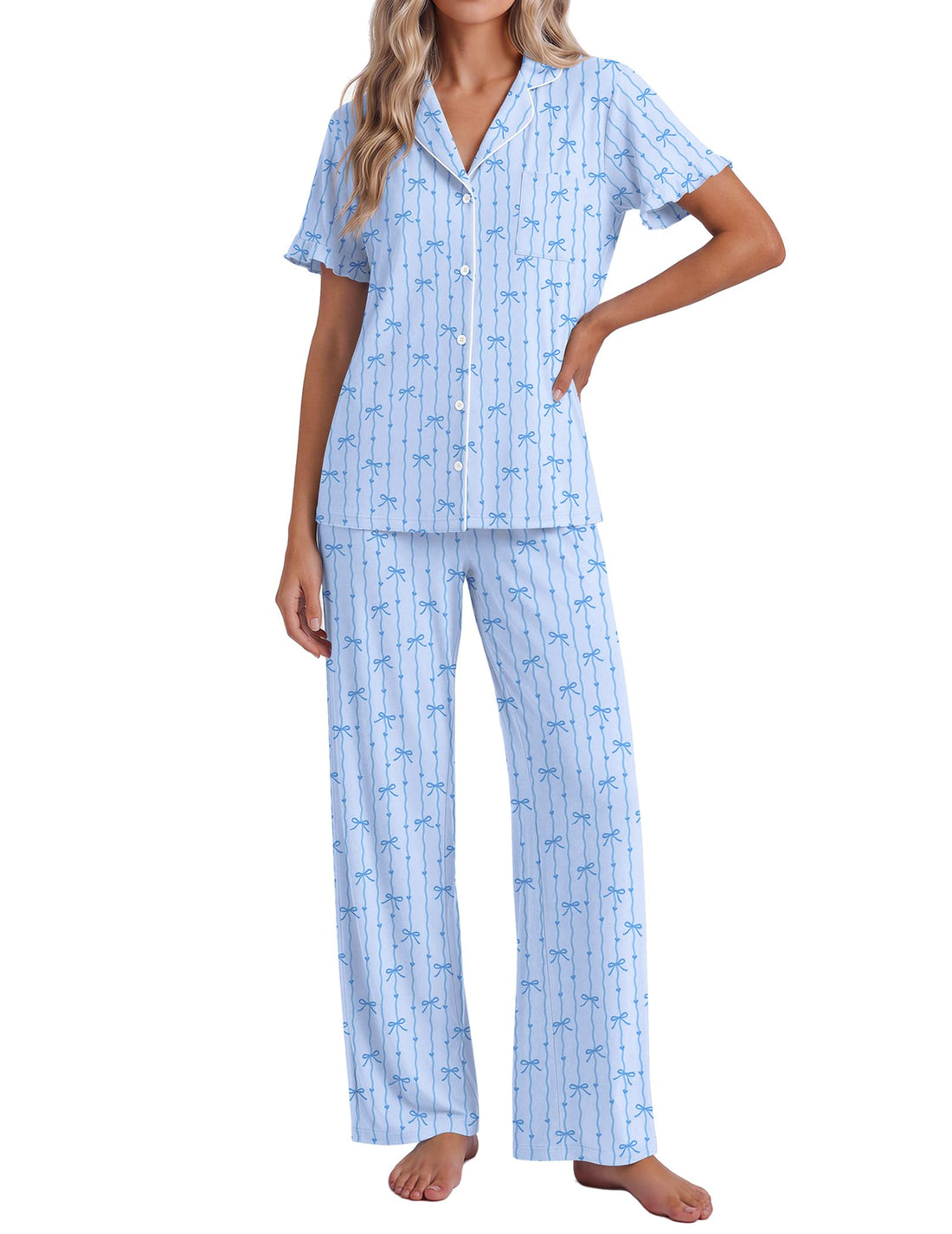 Ekouaer Pajamas for Women Set Button Up Soft Pjs Short Sleeve Lounge Sets