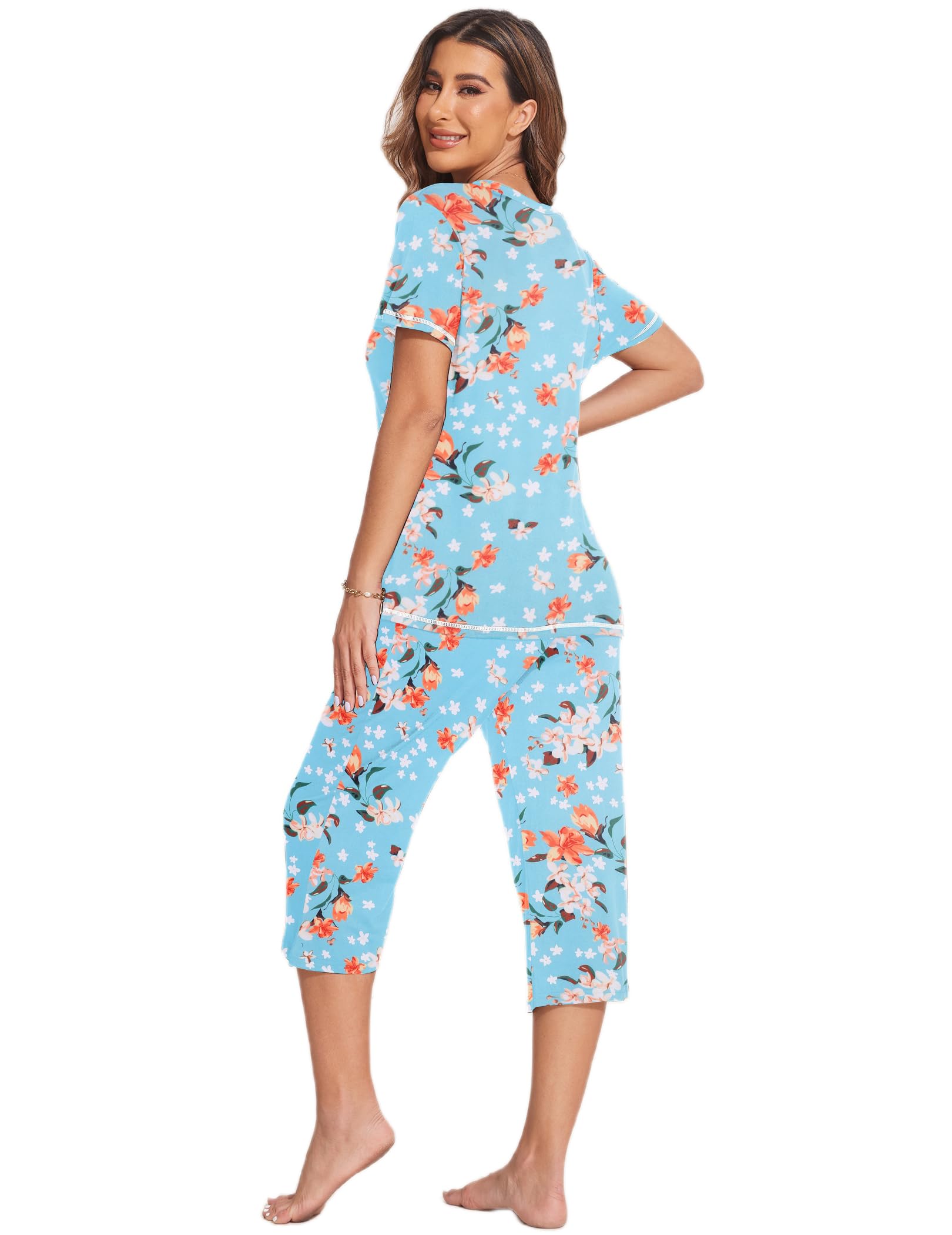 Ekouaer 2 Pack Women's Capri Pajama Sets Short Sleeve Two-Piece Pjs V Neck Tops & Pants Printed Lounge Sets S-3XL