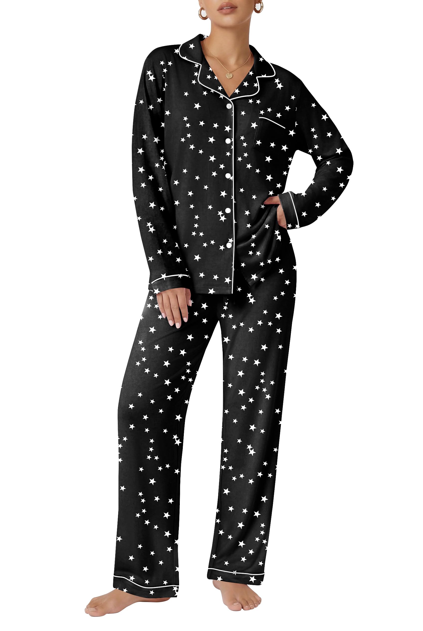 Ekouaer Women's Classic Long Sleeve Button Down Pajama Set