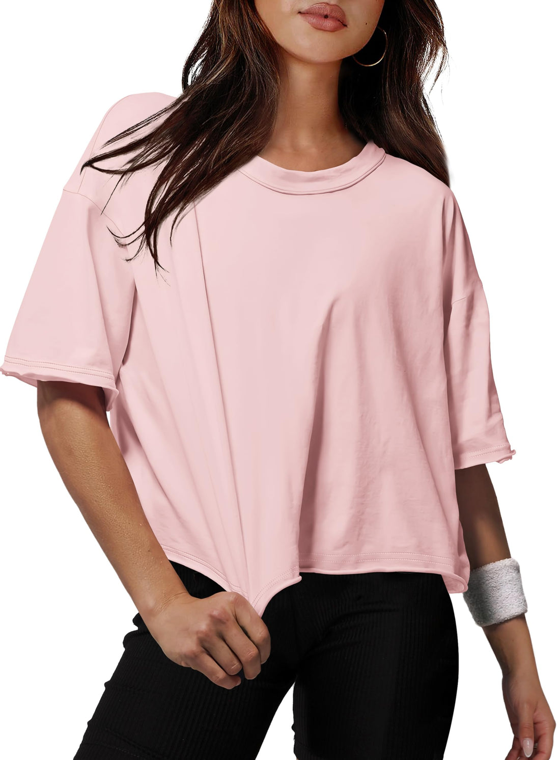 XIEERDUO Cotton Tshirts for Women Drop Shoulder Round Neck Oversized Crop Tops Workout Tops Tees