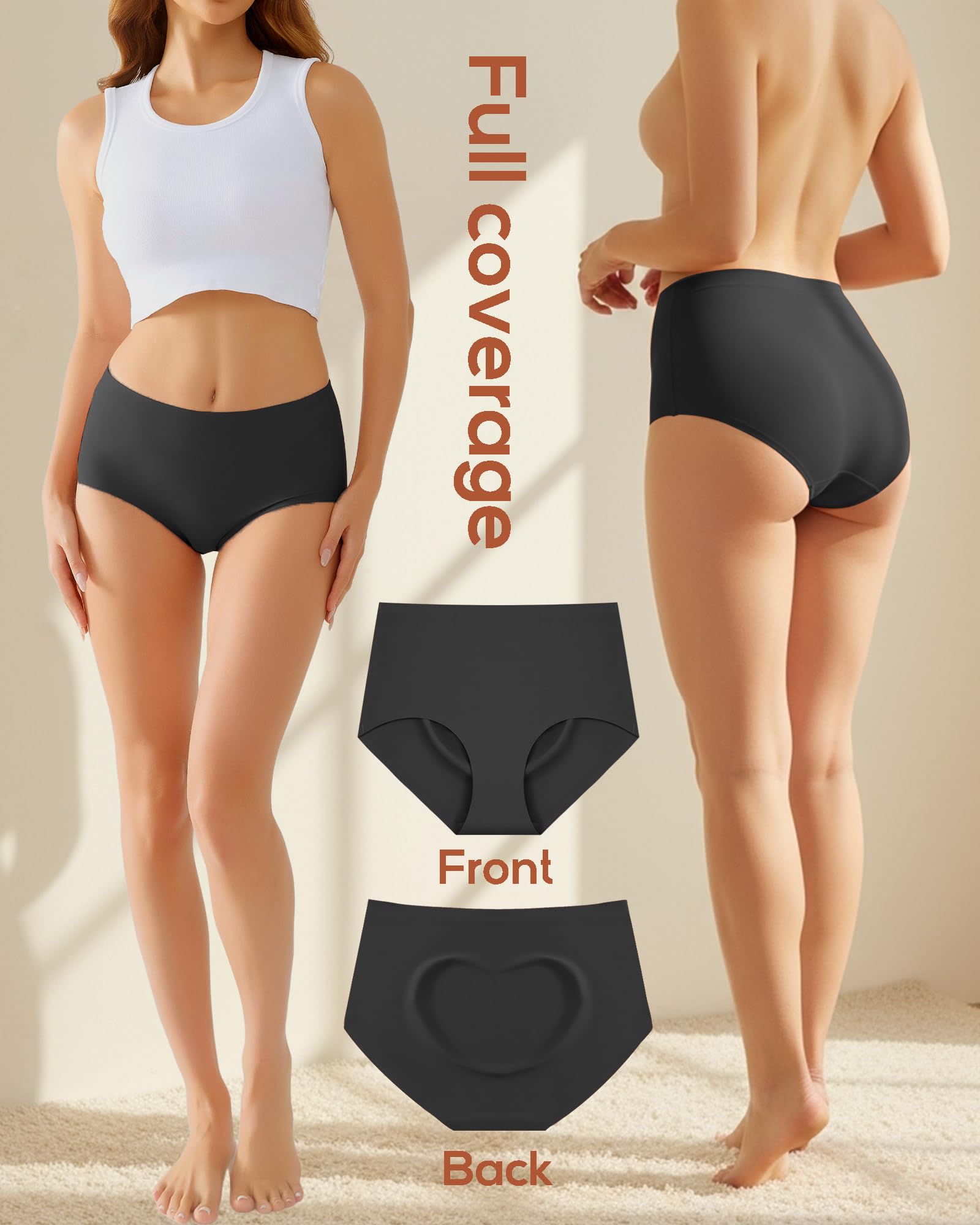 High Waisted Seamless Underwear for Women Full Coverage Hiphugger High Rise Silky No Show Briefs Panties 6 Pack