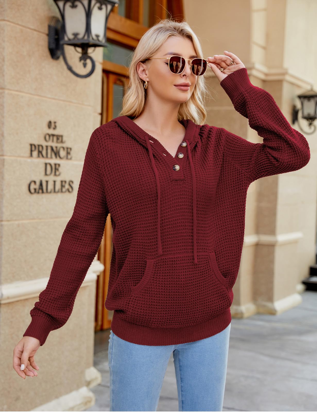 CiCiBird Women's Fall Hoodies Sweater V Neck Waffle Knit Top with Pocket | Loose Fit, V Neck Button, Adjustable Drawstring, Long Sleeve, Kangaroo Pocket, Weekend Errands, Daily Wear, Work Casual