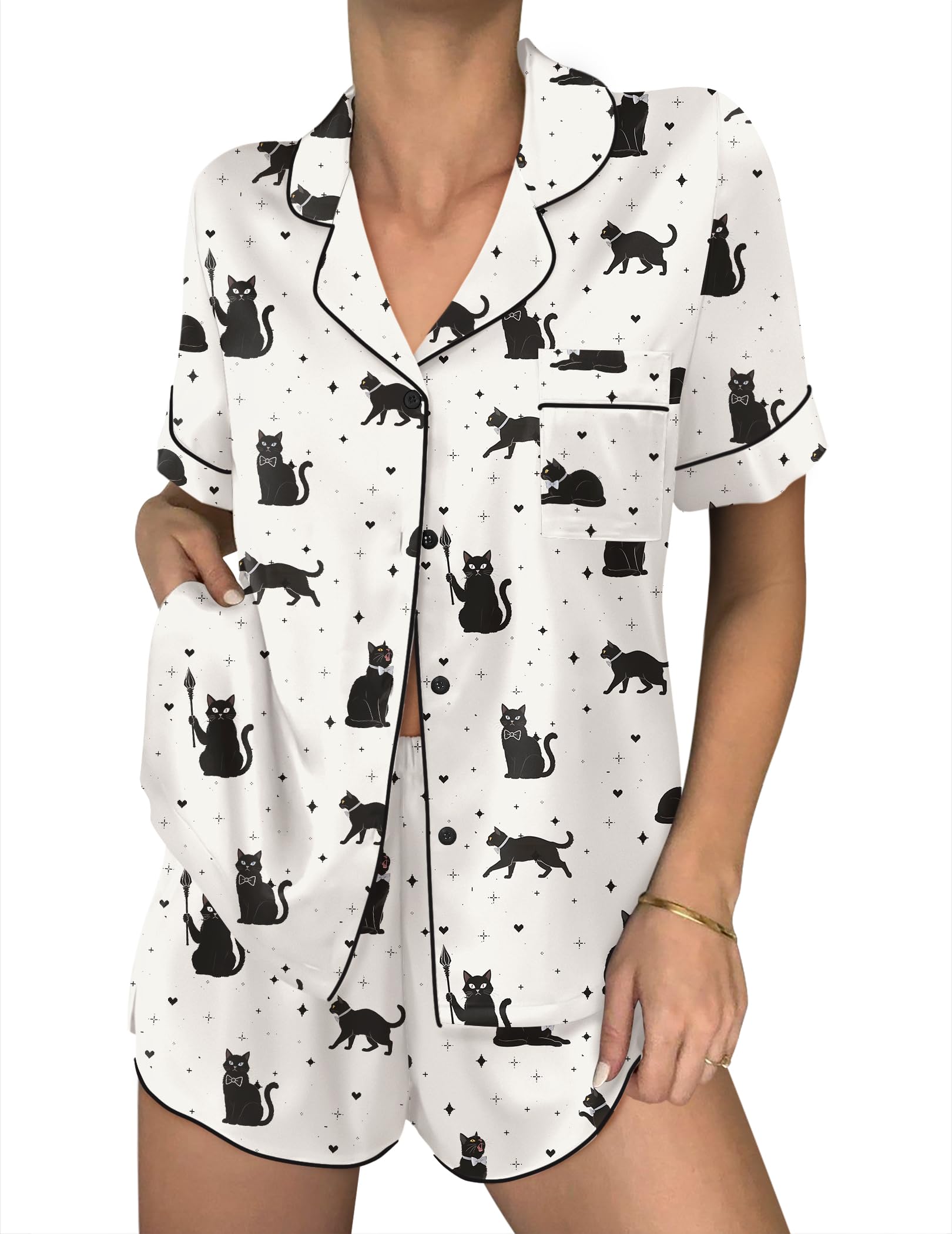 Ekouaer Women Satin Pajama Sets Cute Print Silk Pjs Shorts Sets S-4XL