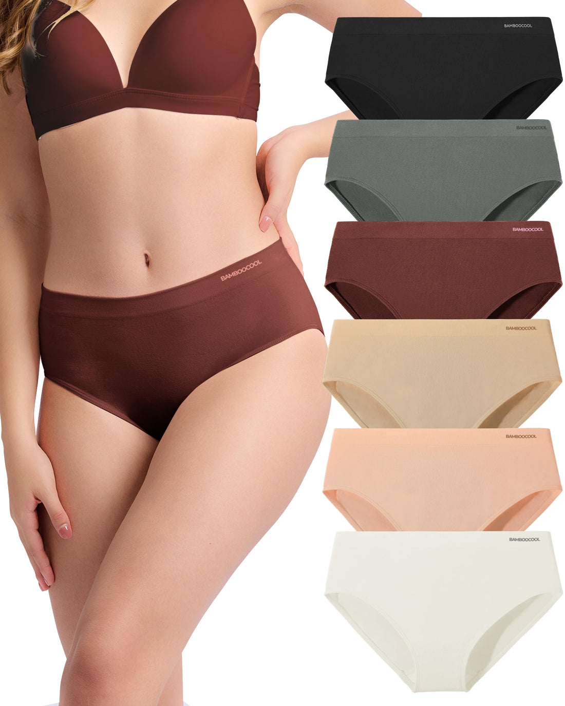 Women's Bamboo Seamless Bikini Panties Moisture-Wicking Stretchy Breathable Hipster Coverage Ladies Underwear 6-pack