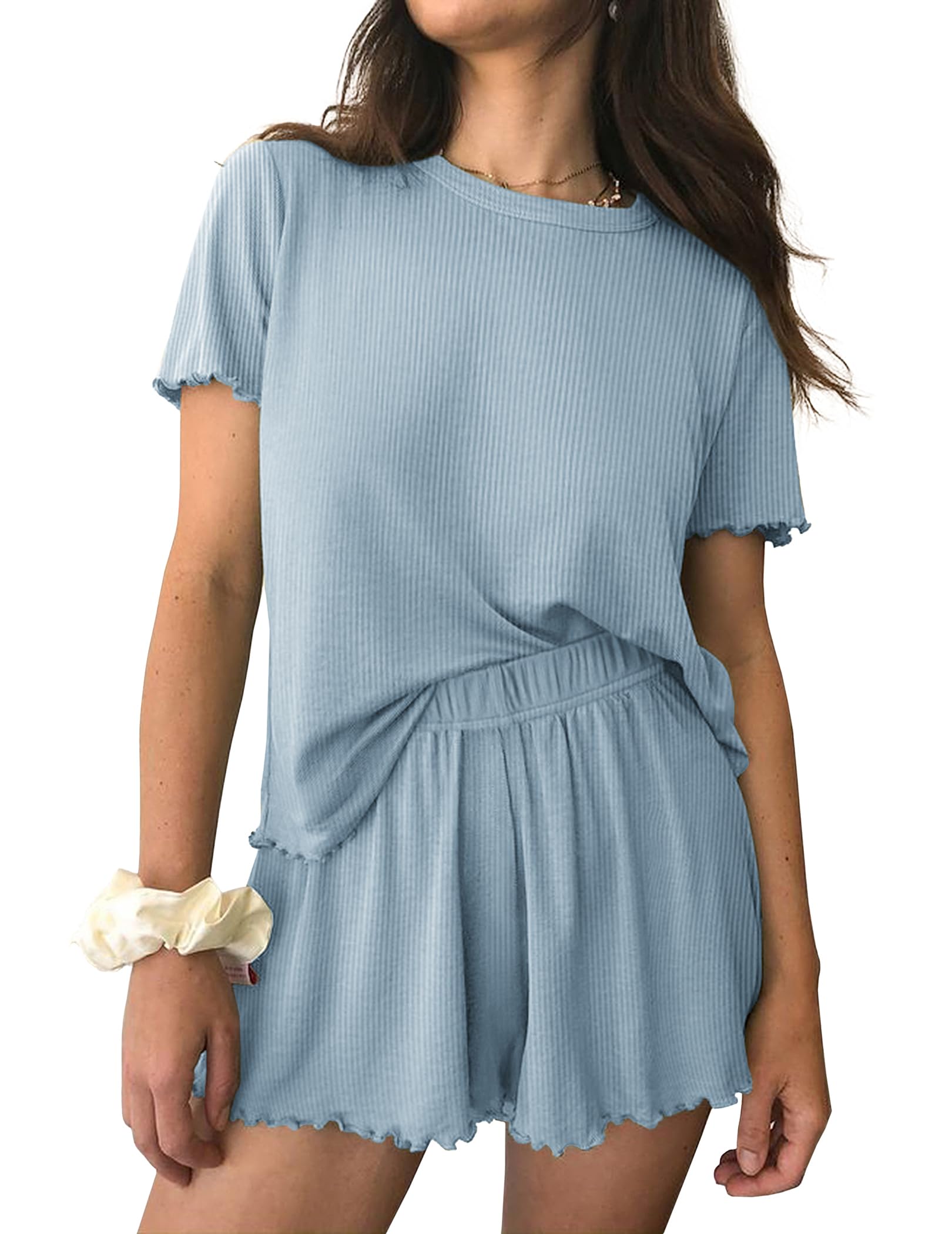 Ekouaer Womens Pajamas 2 Piece Ribbed Knit Pjs Short Sleeve Lounge Sets