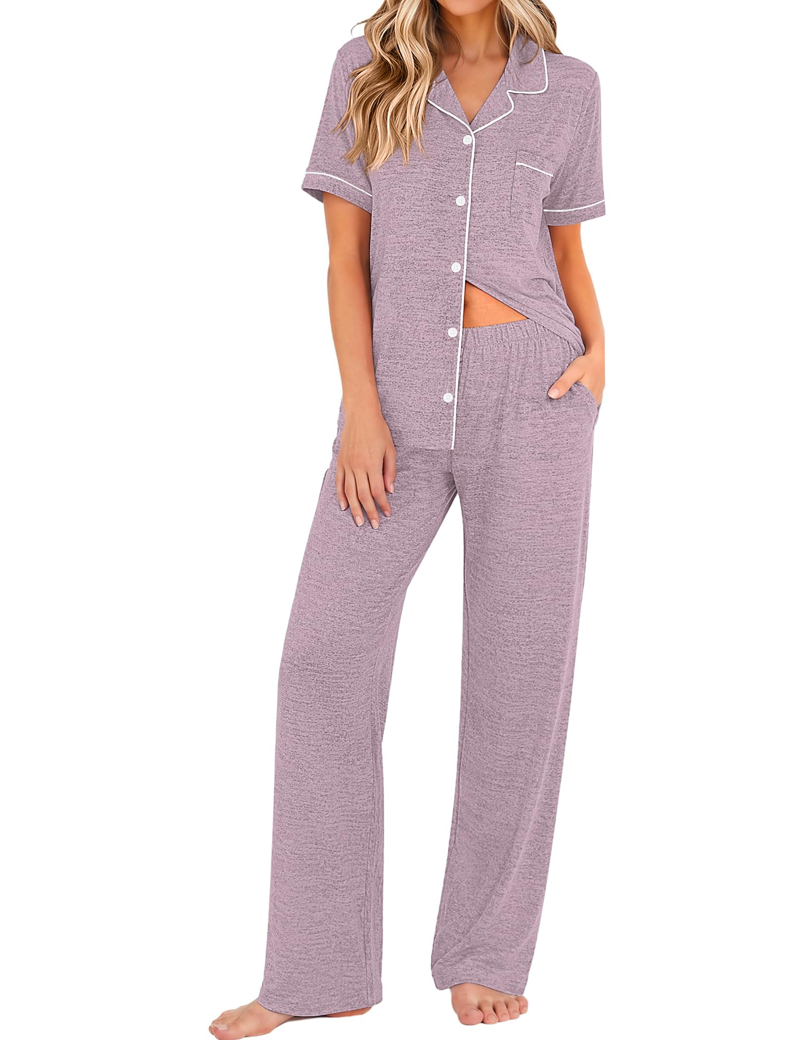 Ekouaer Pajamas for Women Set Short Sleeve Long Pants 2 Piece Lounge Set