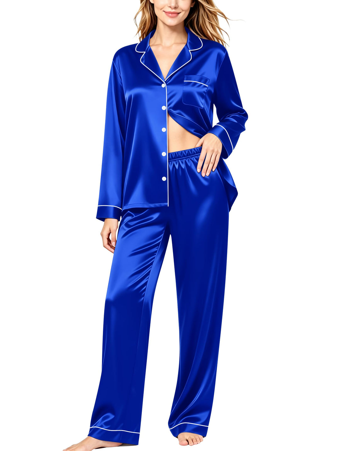 SWOMOG Womens Silk Satin Pajamas Set Long Sleeve Button Down Sleepwear 2 Piece Lounge Set Pj Set XS-3XL