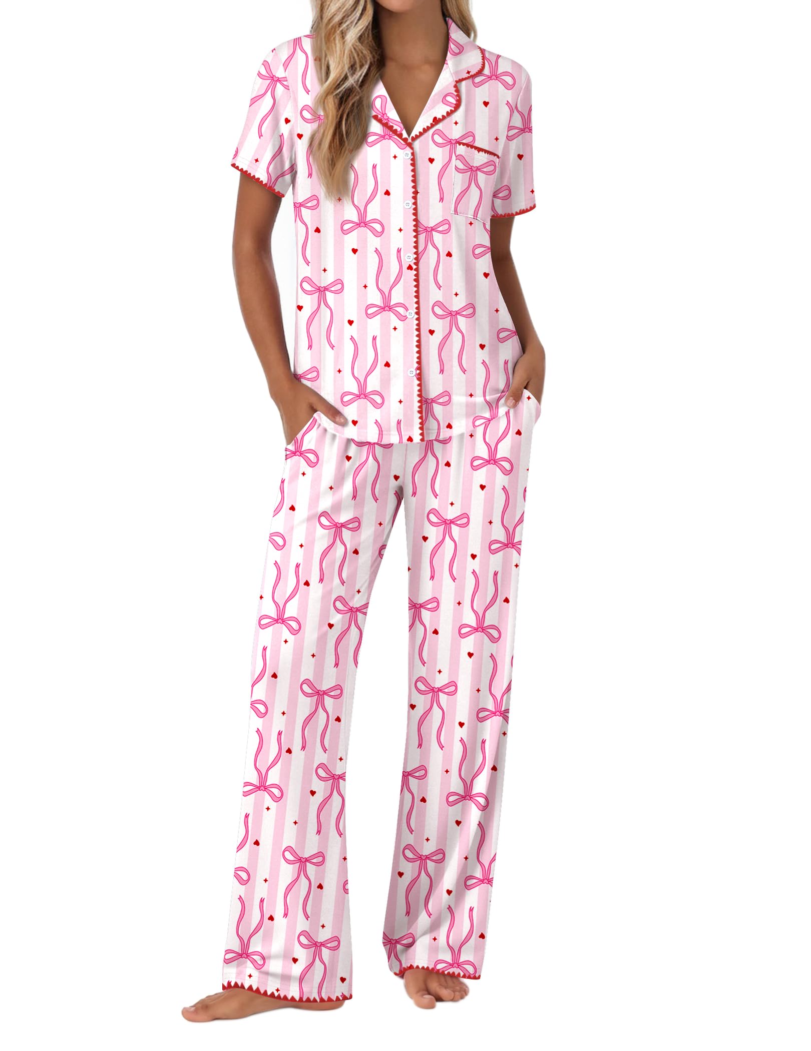 Ekouaer Pajamas for Women Set Button Up Soft Pjs Short Sleeve Lounge Sets