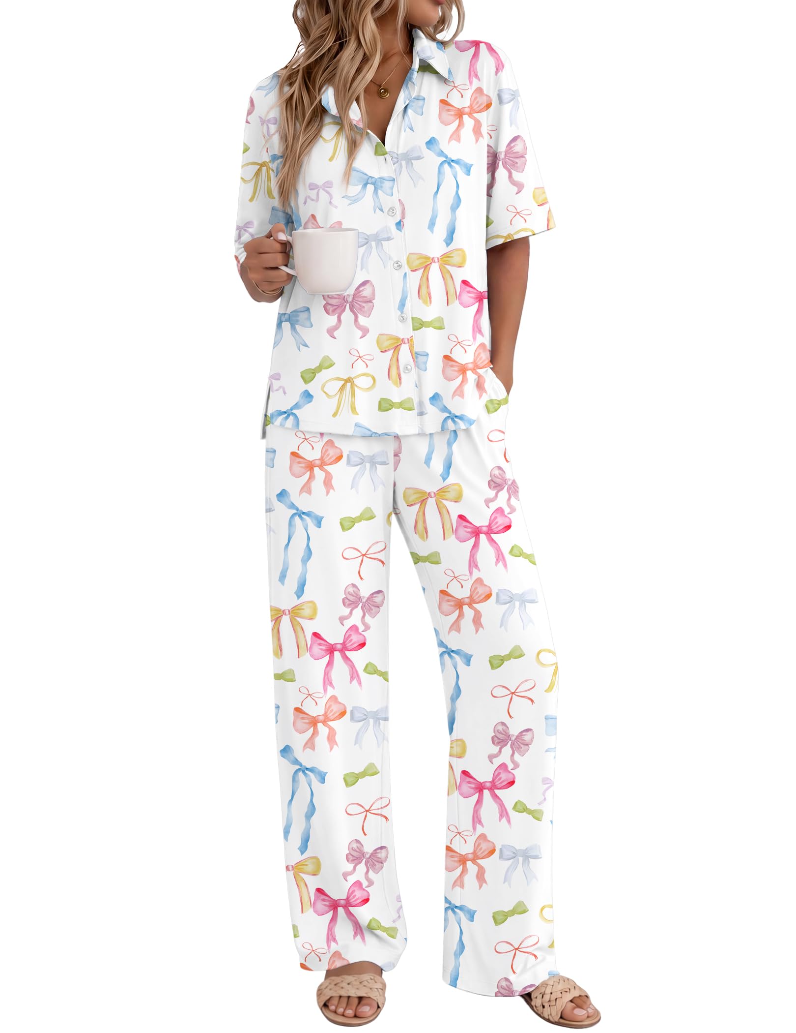 Ekouaer Pajamas for Women Set Button Up Short Sleeve Pjs with Long Pants