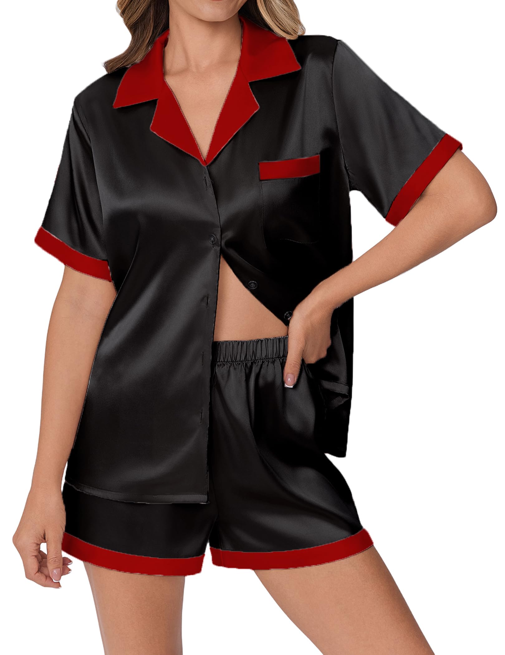 Ekouaer Womens Silky Satin Pajamas Set Short Sleeve Colorful Print Pjs