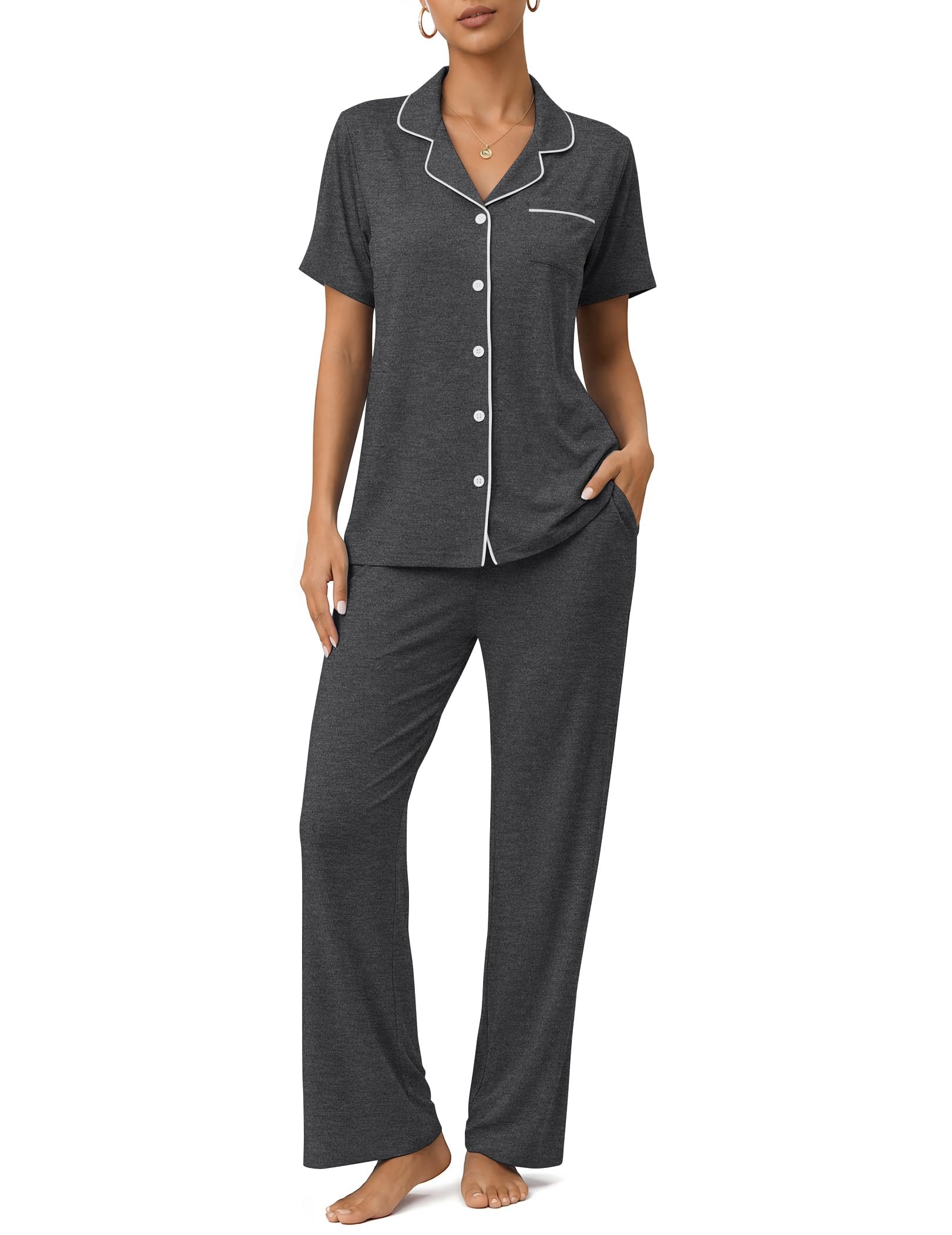 Womens Pajamas Sets 2 Piece Button Up Pj Sets Short Sleeve with Long Pant