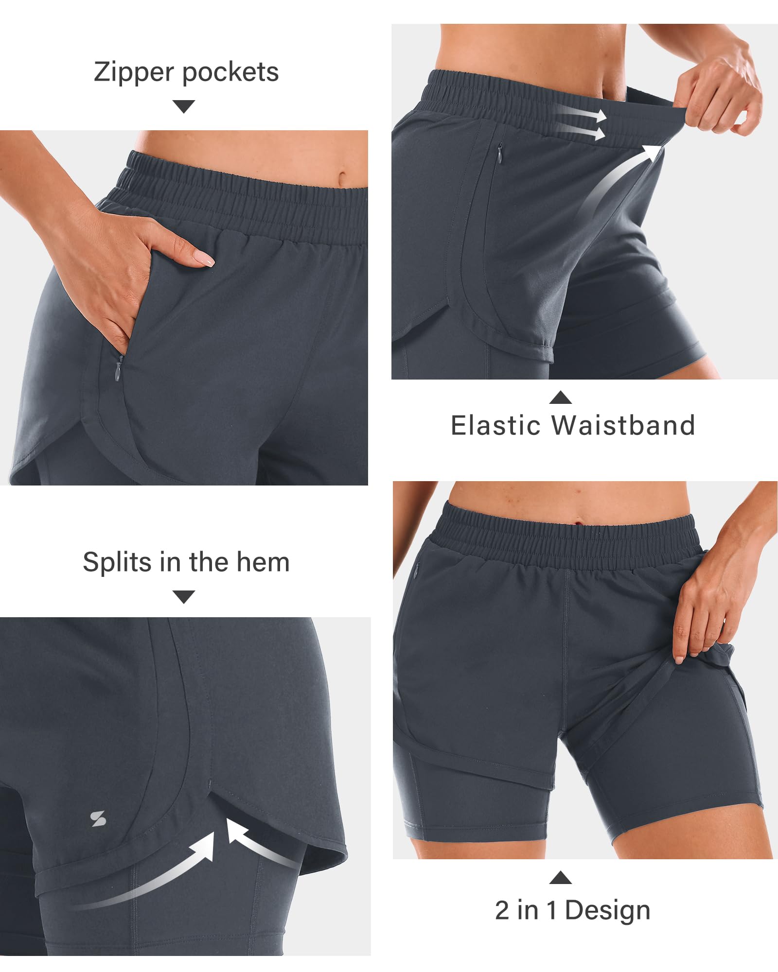Stelle Women 2 in 1 Running Shorts High Waisted Athletic Shorts Gym Workout Shorts with Liner Zipper Pockets