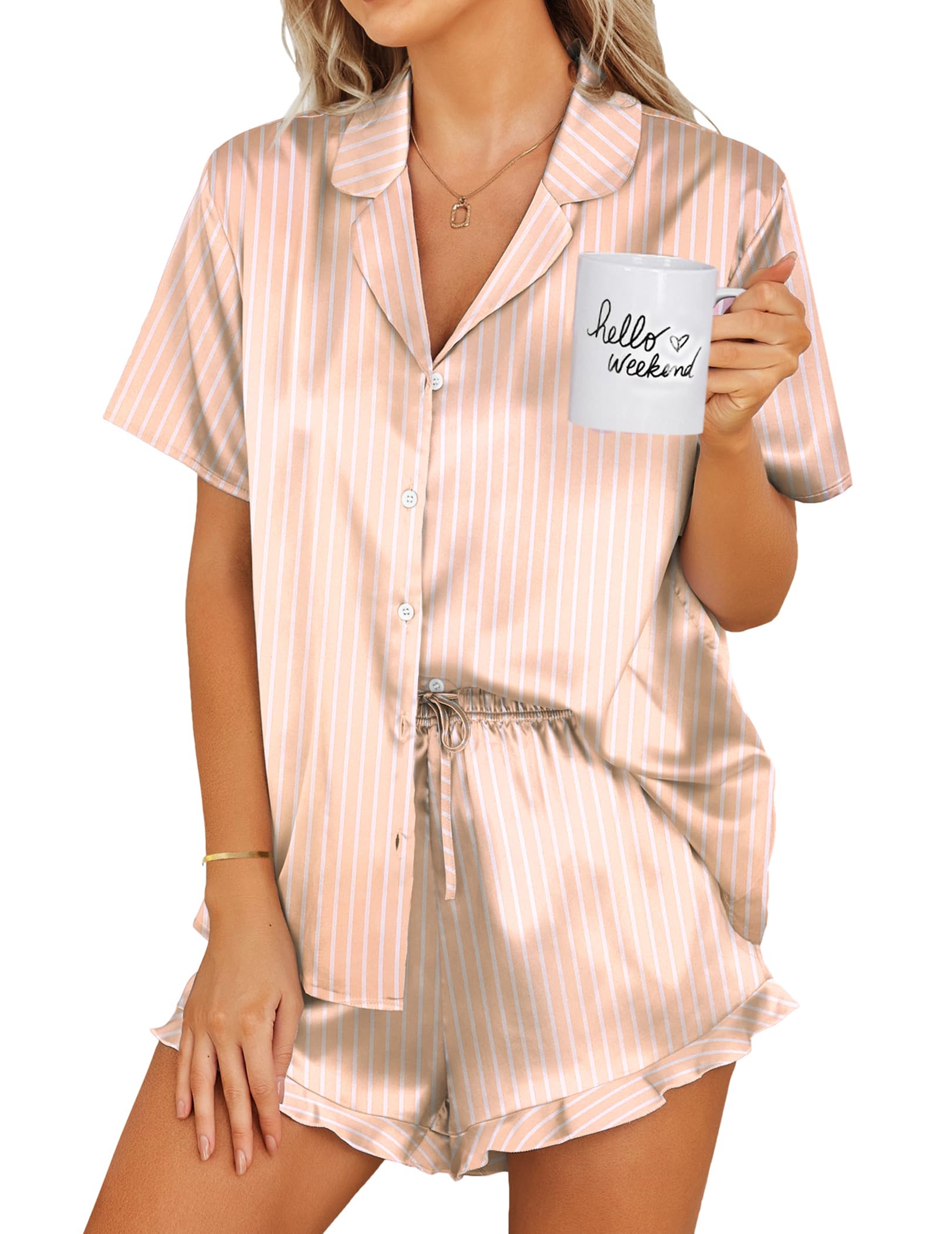 Ekouaer Womens Satin Pajamas Set Button Down 2 Piece Silk Pjs Shorts Set Ruffle Lingerie Notch Collar Sleepwear