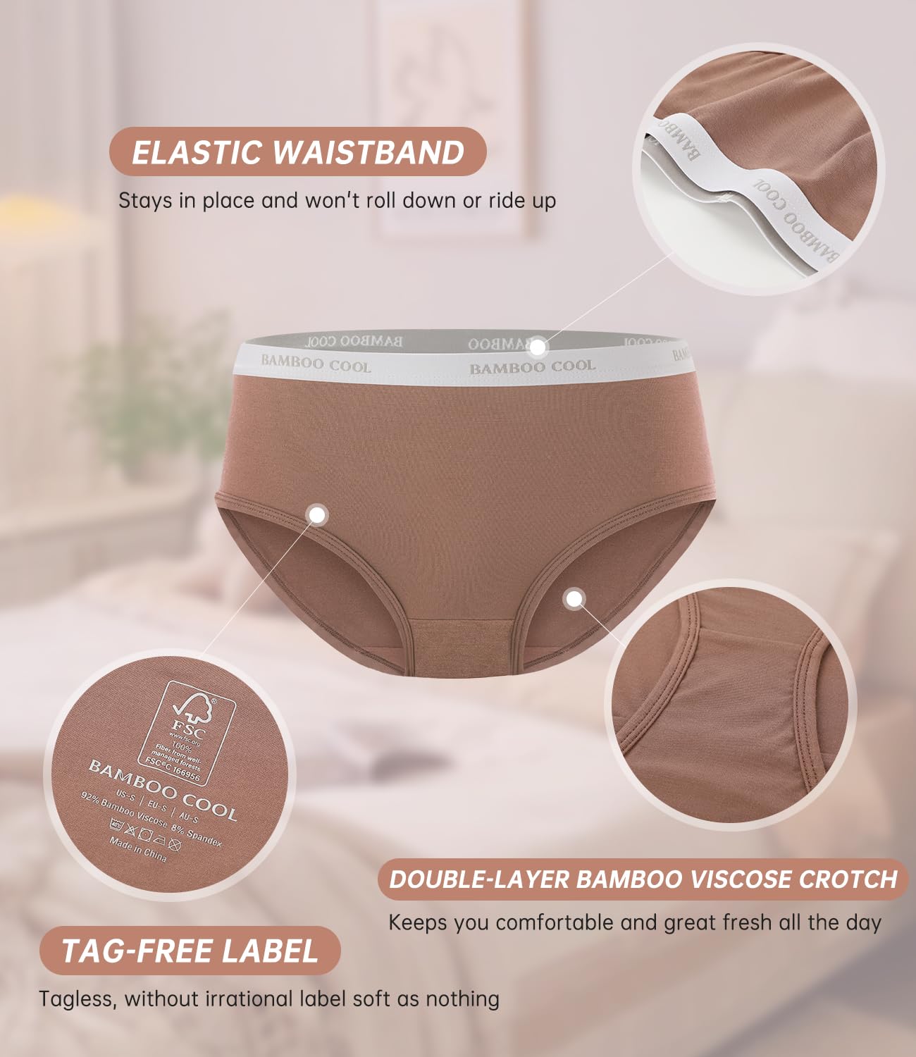 BAMBOO COOL Womens Underwear, Moisture-Wicking Briefs, Soft and Breathable Panties, Mid Waist, 5-Pack