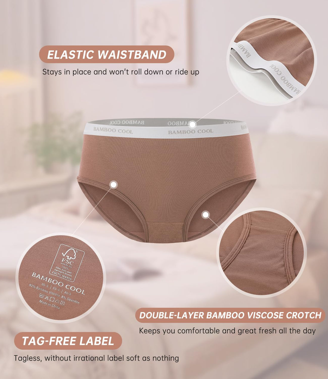 BAMBOO COOL Womens Underwear, Moisture-Wicking Briefs, Soft and Breathable Panties, Mid Waist, 5-Pack