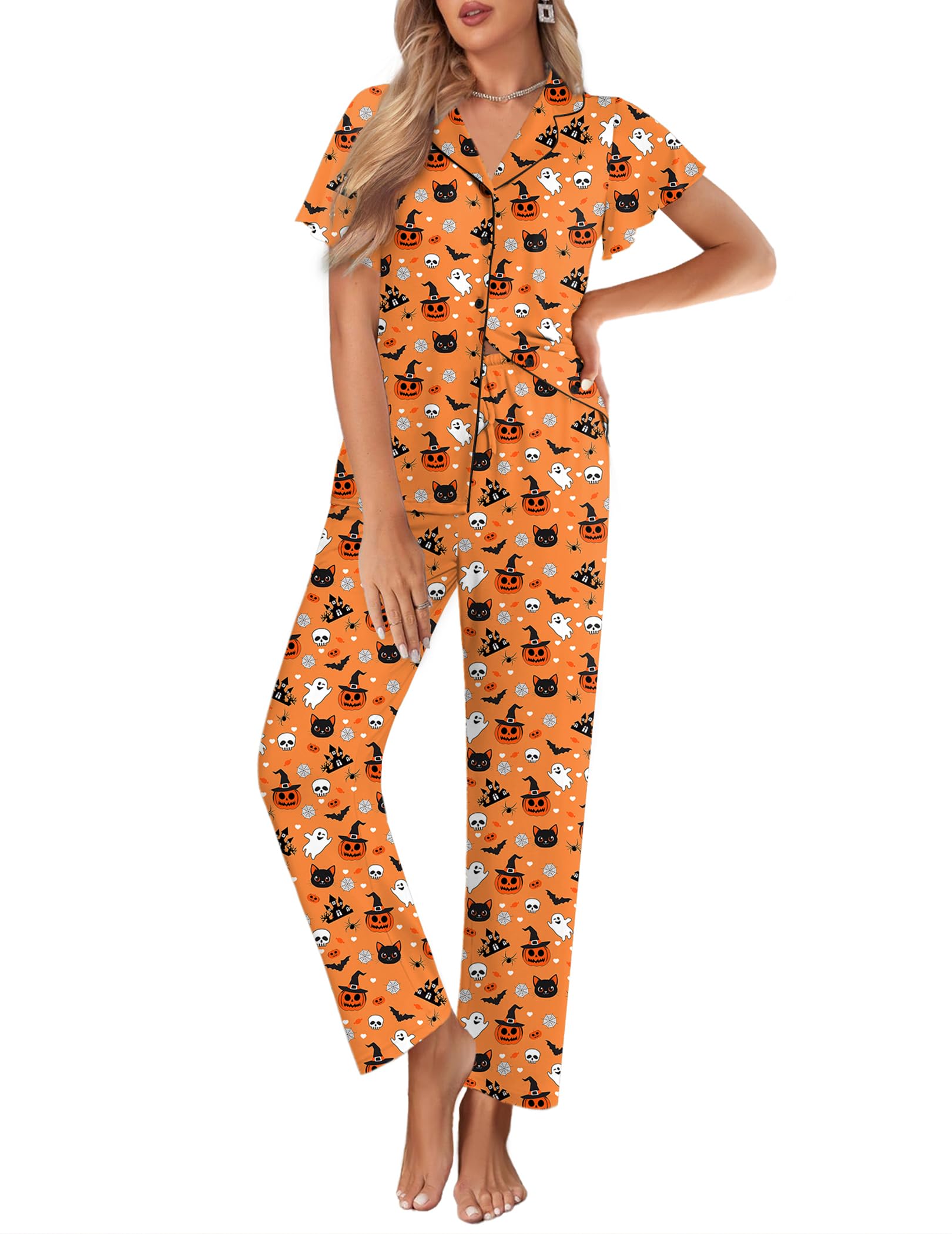 Ekouaer Pajamas for Women Set Ruffle Sleeve Button Up with Long Pants
