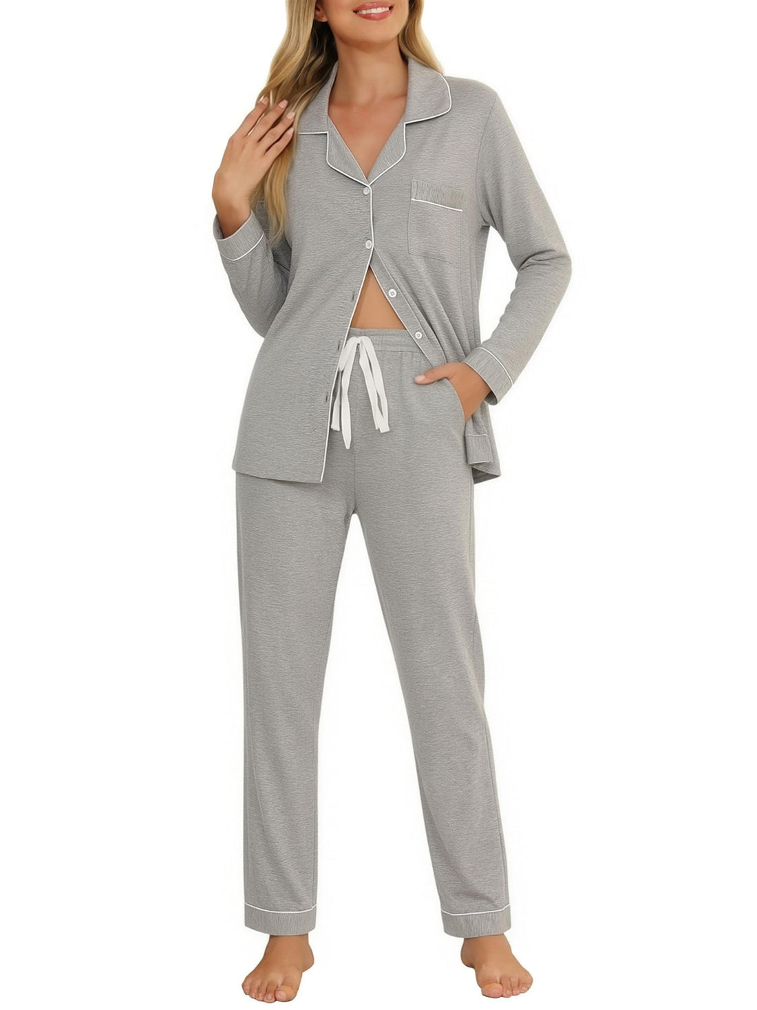 Senert Pajamas Set For Women Long Sleeve Sleepwear with Pocket Soft Button Down Shirt Long Pants Pj Lounge Sets S-XXL