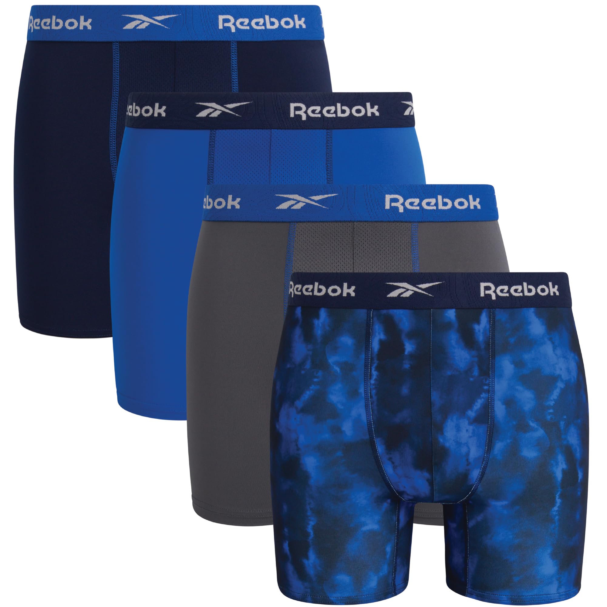 Reebok Mens Boxer Briefs - 4 Pack Underwear with Contour Pouch, 6'' Inseam | Athletic Stretch Performance Moisture-Wicking Fabric, No Fly Pouch, Tag-Free Waistband