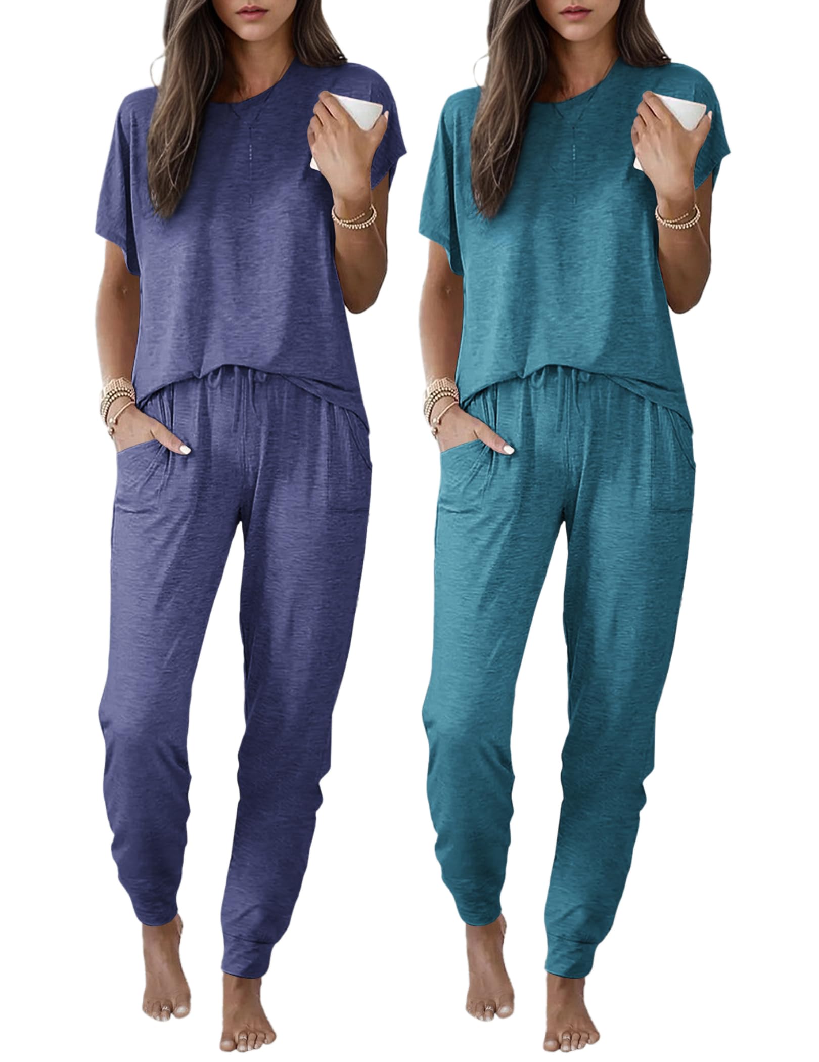 Ekouaer 2 Pack Womens Pajama Short Sleeve Jogger Pants Pjs Lounge Set