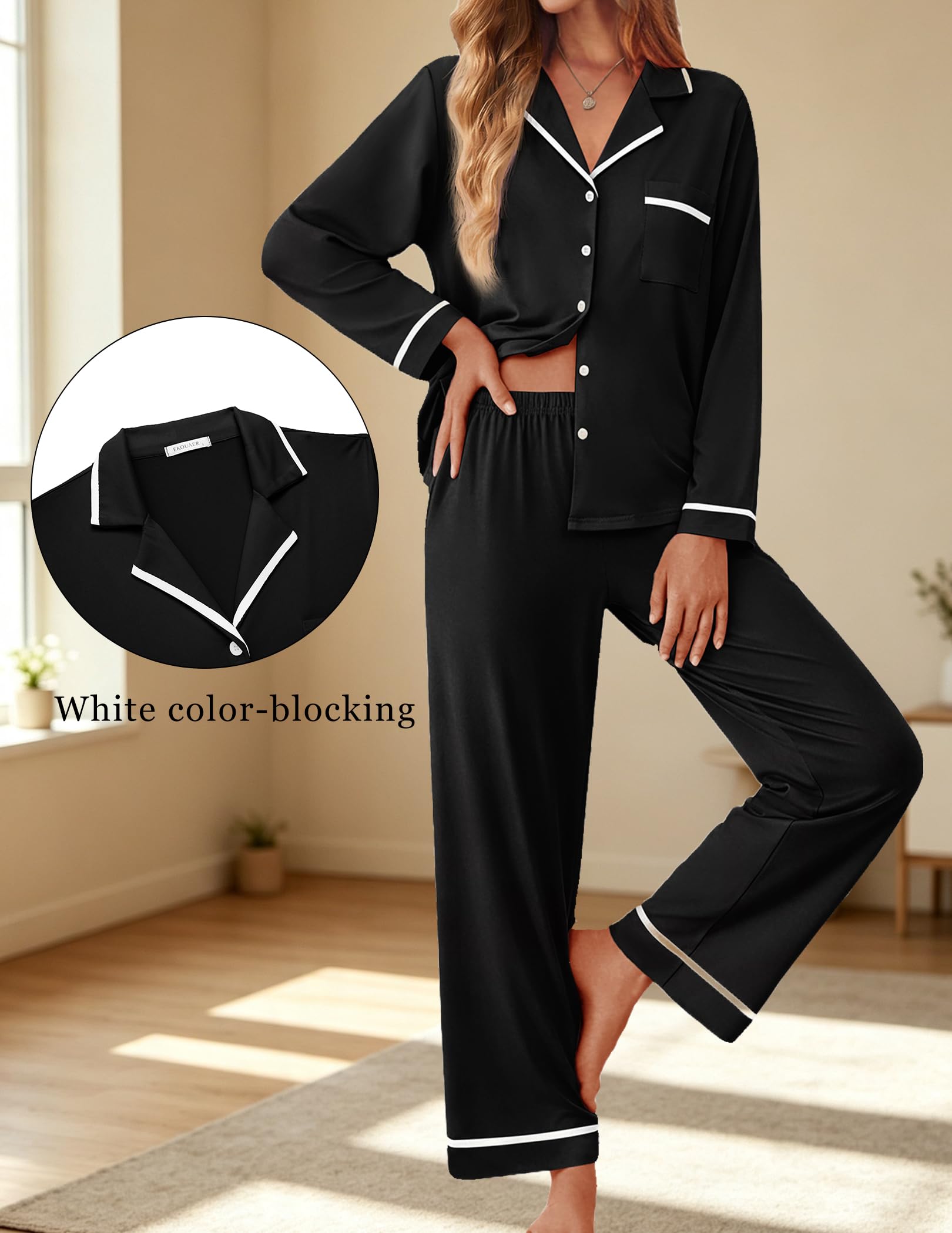 Ekouaer Womens Pajama Sets Long Sleeve Button Down Lounge Sets with Pockets