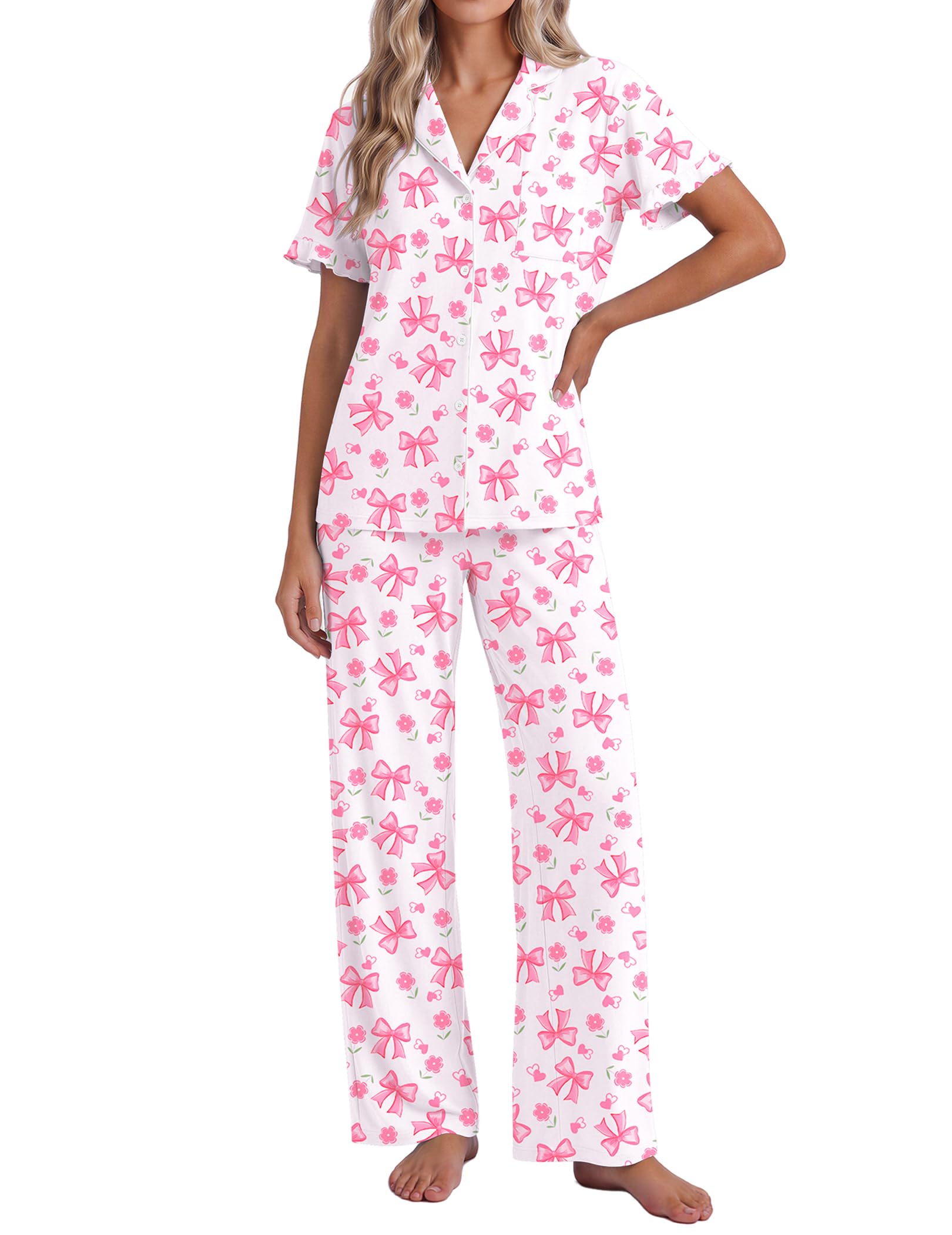 Ekouaer Pajamas for Women Set Button Up Soft Pjs Short Sleeve Lounge Sets