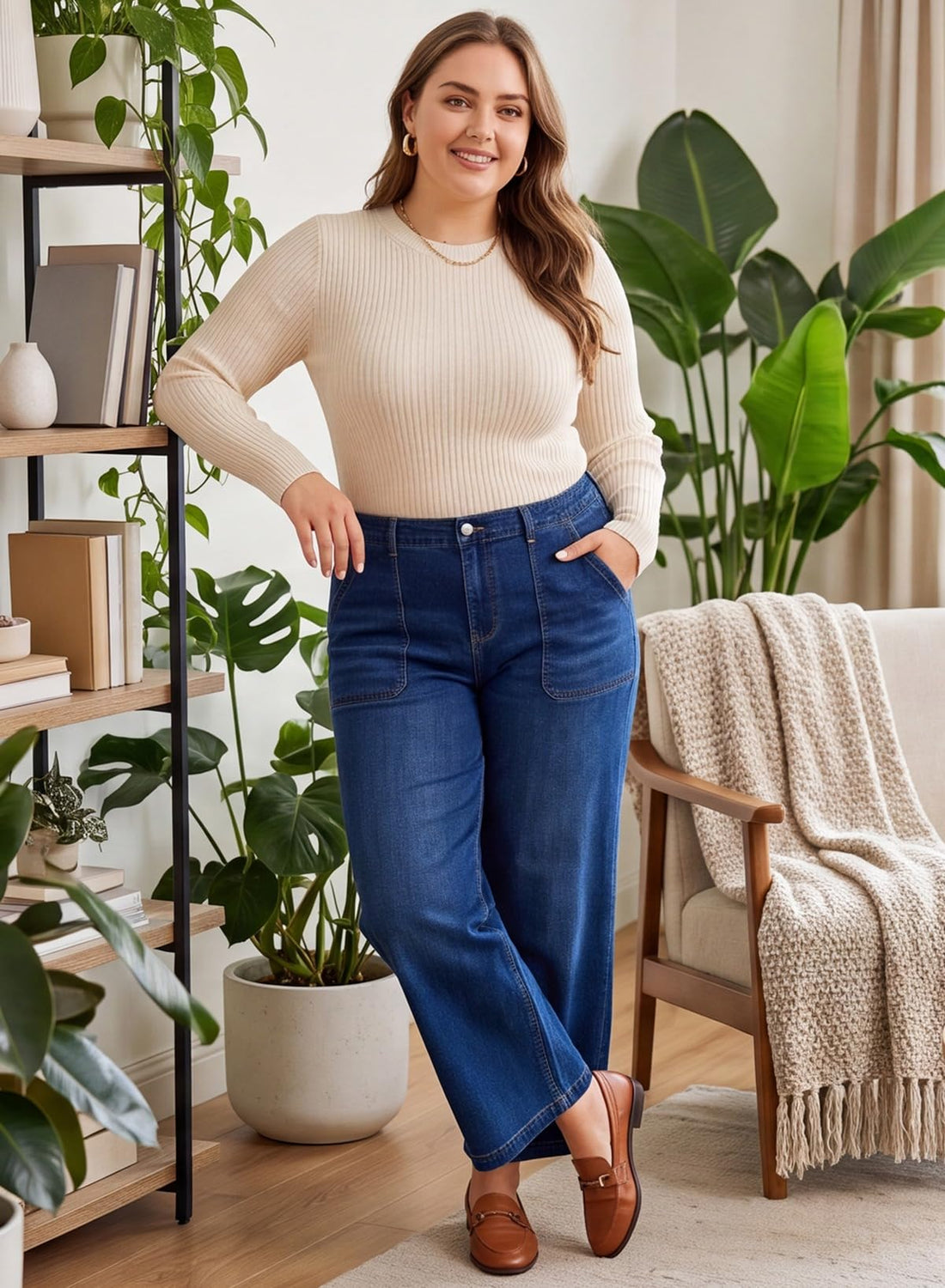 Eytino Plus Size Wide Leg Jeans for Women Elastic High Waisted Stretchy Relaxed Fit Denim Pants with Pockets(1X-5X)
