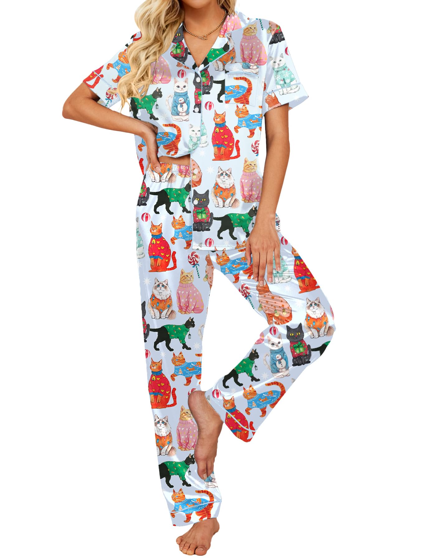 Ekouaer 2 Piece Satin Short Sleeve Pajamas Set Button Down Sleepwear