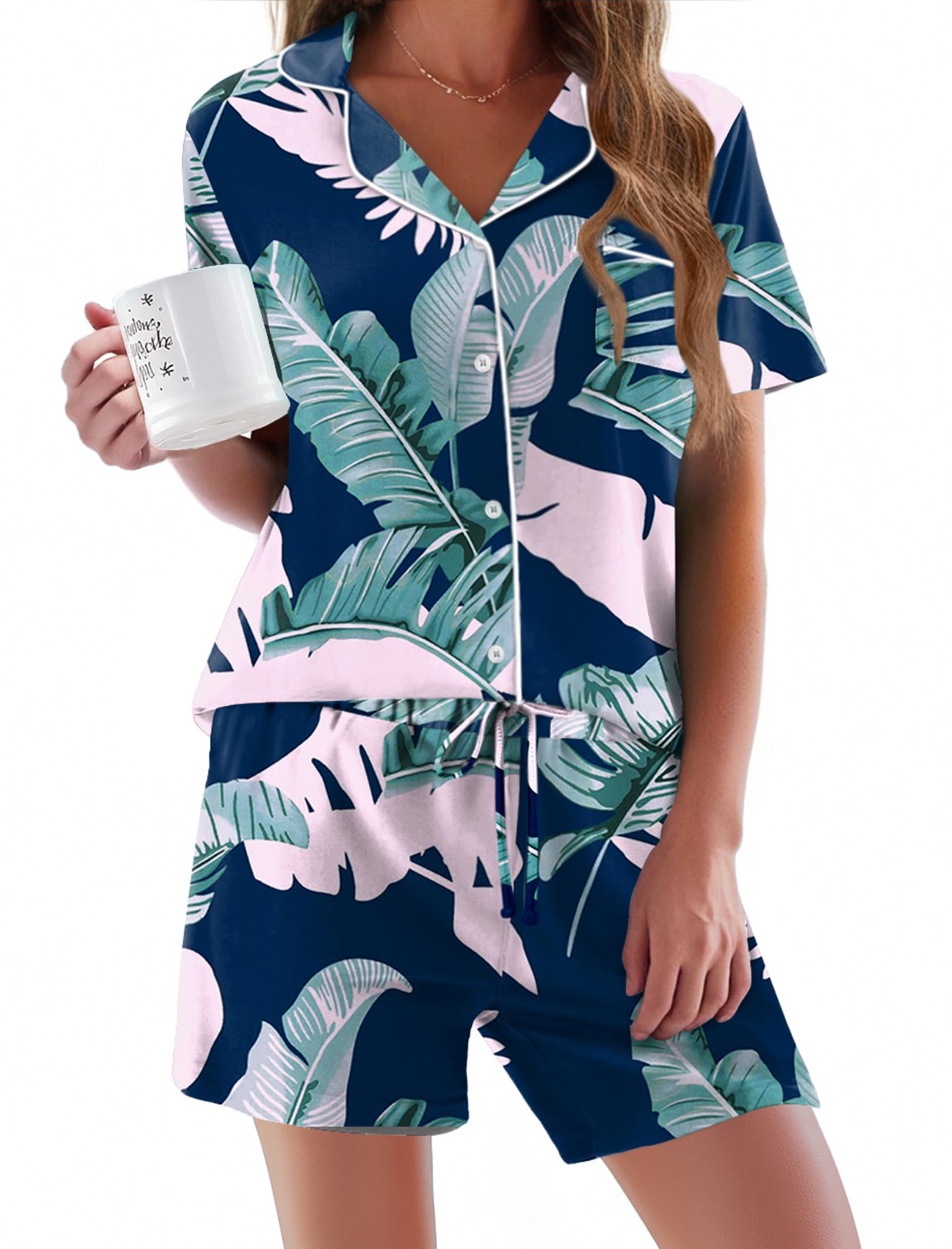 Ekouaer Pajamas Set for Women Short Sleeve Sleepwear Button Down Pj XS-XXXL
