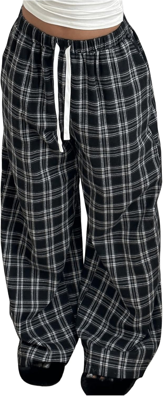 GORGLITTER Women's Plaid Pants Y2k Checkered Wide Leg Pajama Lounge Pants