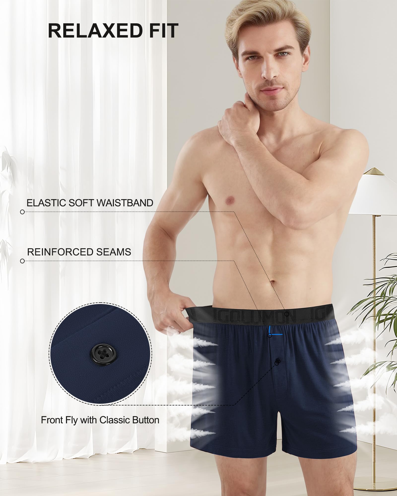 IGOLUMON Mens Boxer Shorts Underwear Soft Breathable Bamboo Rayon Boxers for Men Relaxed Fit Boxers with Button Fly 5 Pack