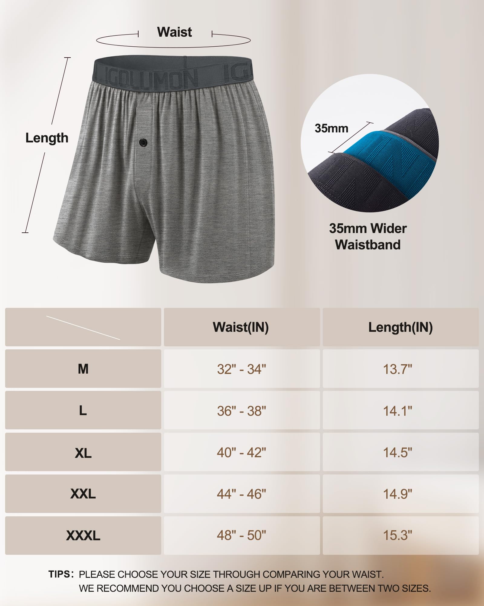 IGOLUMON Mens Boxer Shorts Underwear Soft Breathable Bamboo Rayon Boxers for Men Relaxed Fit Boxers with Button Fly 5 Pack