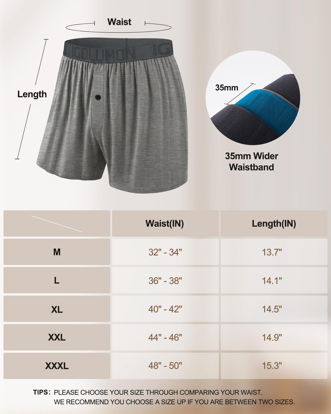 IGOLUMON Mens Boxer Shorts Underwear Soft Breathable Bamboo Rayon Boxers for Men Relaxed Fit Boxers with Button Fly 5 Pack