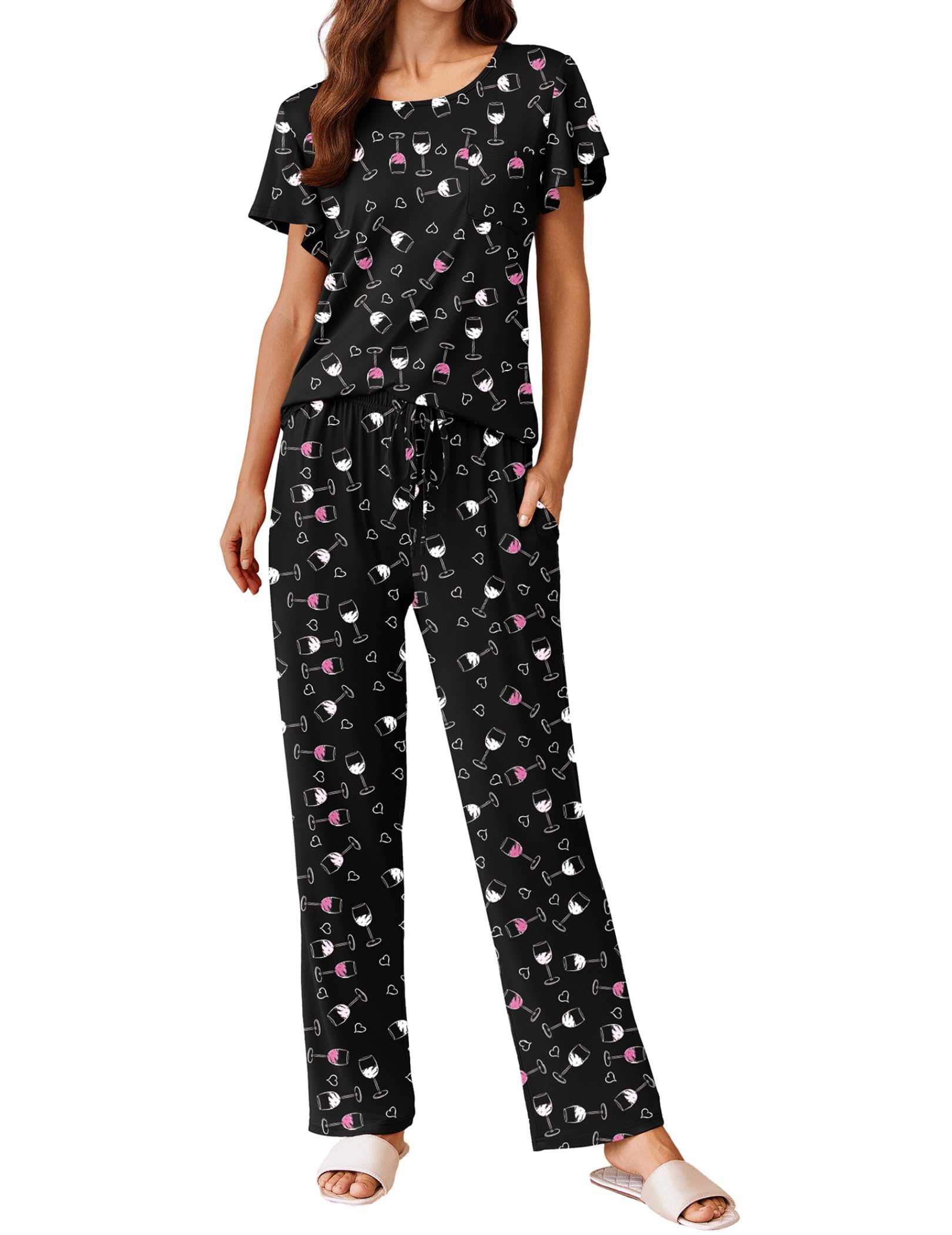 Ekouaer Pajamas for Women Set 2 Piece Comfy Loungewear, Lightweight Pjs Sleepwear, Short Sleeve Top & Long Pants with Pockets