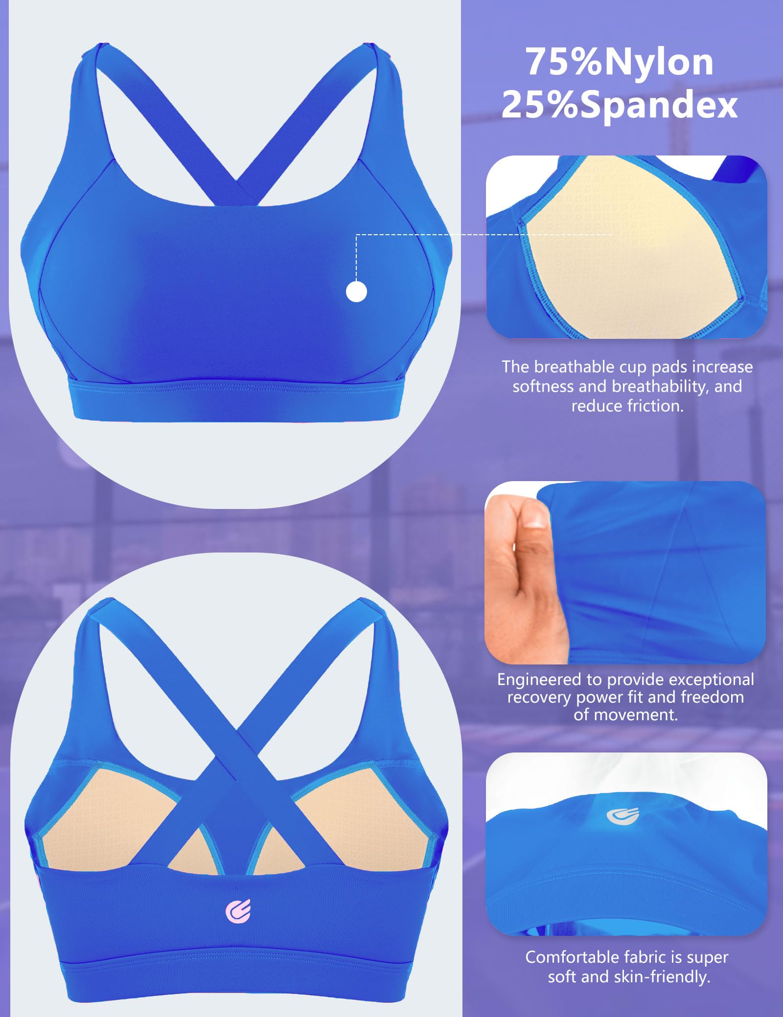 Cordaw Pickleball Sports Bras for Women High Support, Molded Cup Crisscross Back High Impact Workout Yoga Bra