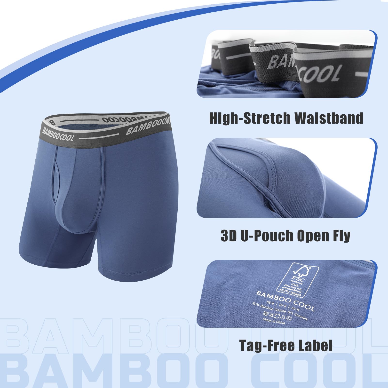 BAMBOO COOL Men's Underwear Boxer Briefs Soft Breathable Underwear (4 or 7 Pack)