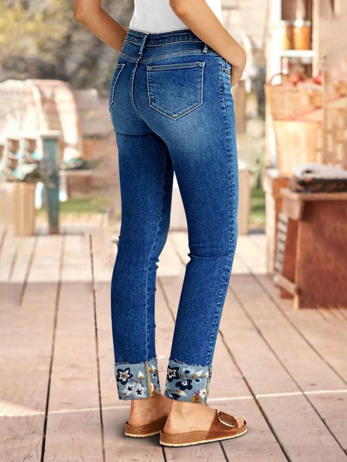 Flamingals Straight Leg Cropped Jeans for Women Trendy Mid Rise Stretchy Tribal Embroidery Raw Hem Ankle Jeans