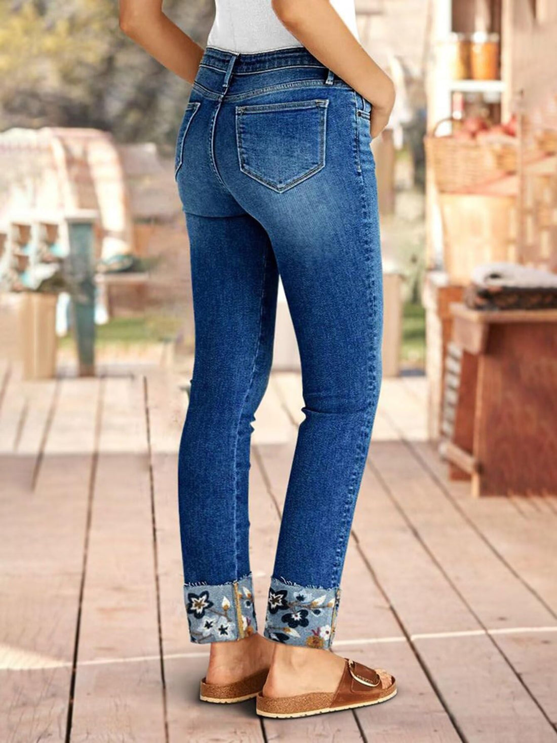 Flamingals Straight Leg Cropped Jeans for Women Trendy Mid Rise Stretchy Tribal Embroidery Raw Hem Ankle Jeans