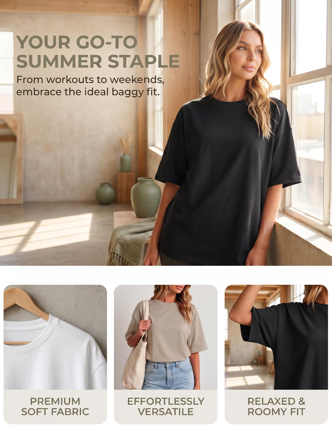 HOPLYNN 3 Pack Oversized Tshirts for Women, Summer Baggy Loose Fit Tops Crew Neck Workout Tees Plus Size T Shirts
