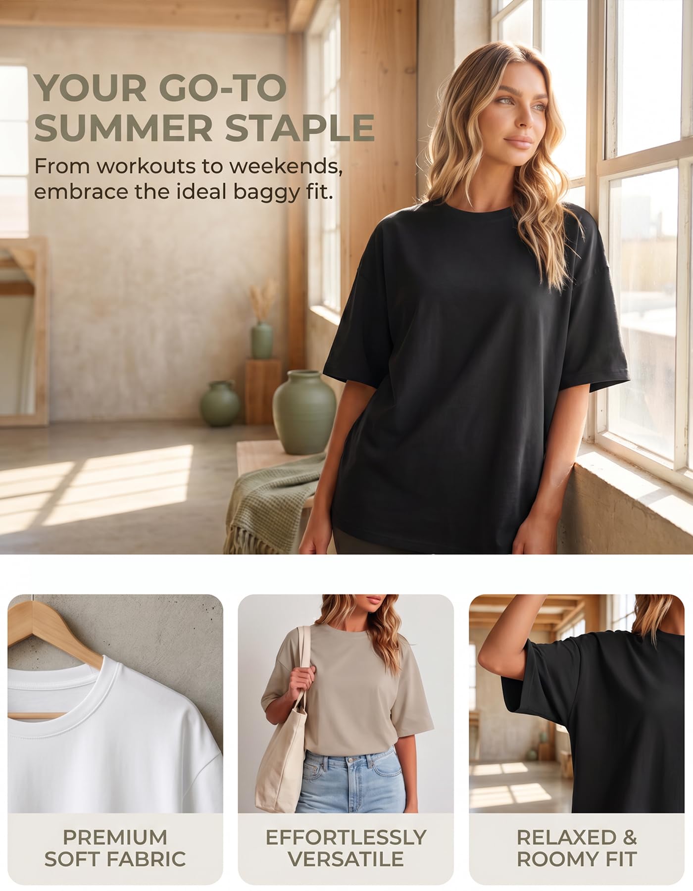 HOPLYNN 3 Pack Oversized Tshirts for Women, Summer Baggy Loose Fit Tops Crew Neck Workout Tees Plus Size T Shirts