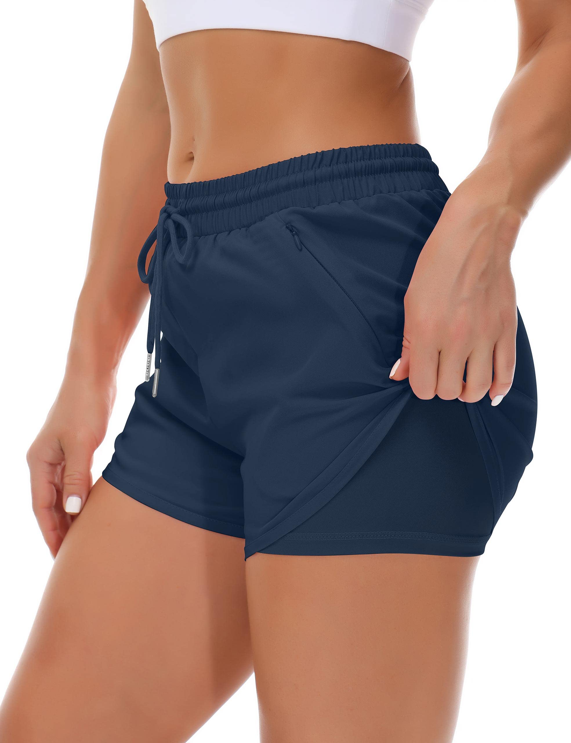 Mancreda Women's Running Shorts with Liner 3 Zipper Pockets Elastic Workout Athletic Gym Yoga Shorts