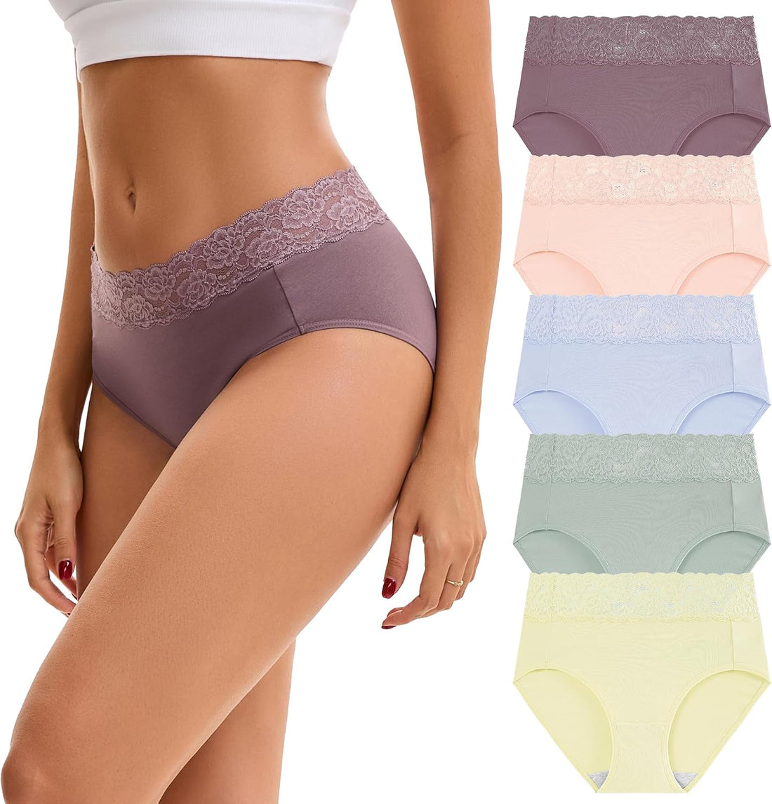 INNERSY Women's Cotton Underwear Lace High Waisted Panties 5-Pack