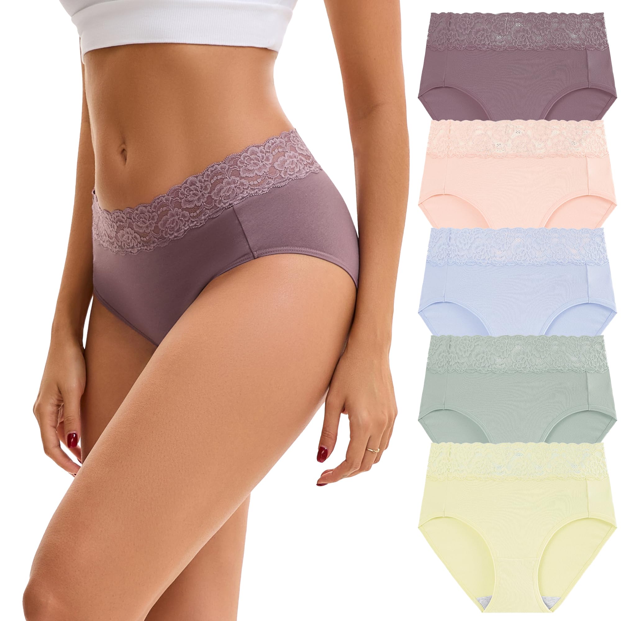 INNERSY Women's Cotton Underwear Lace High Waisted Panties 5-Pack