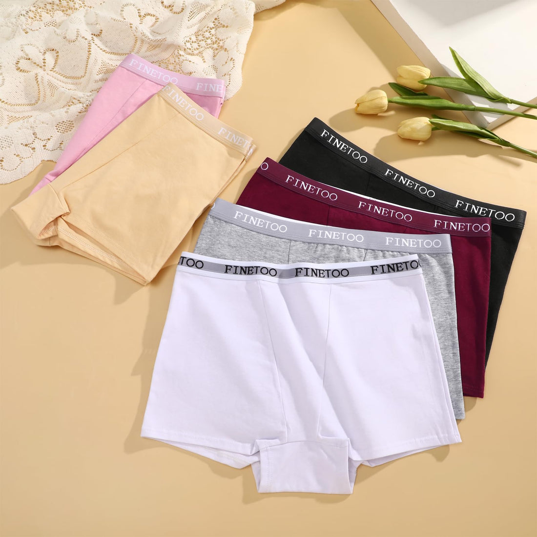 FINETOO Womens Cotton Boy Shorts Underwear Full Coverage Soft Boxer Briefs High Waisted Panties for Lady Girls 6 Pack