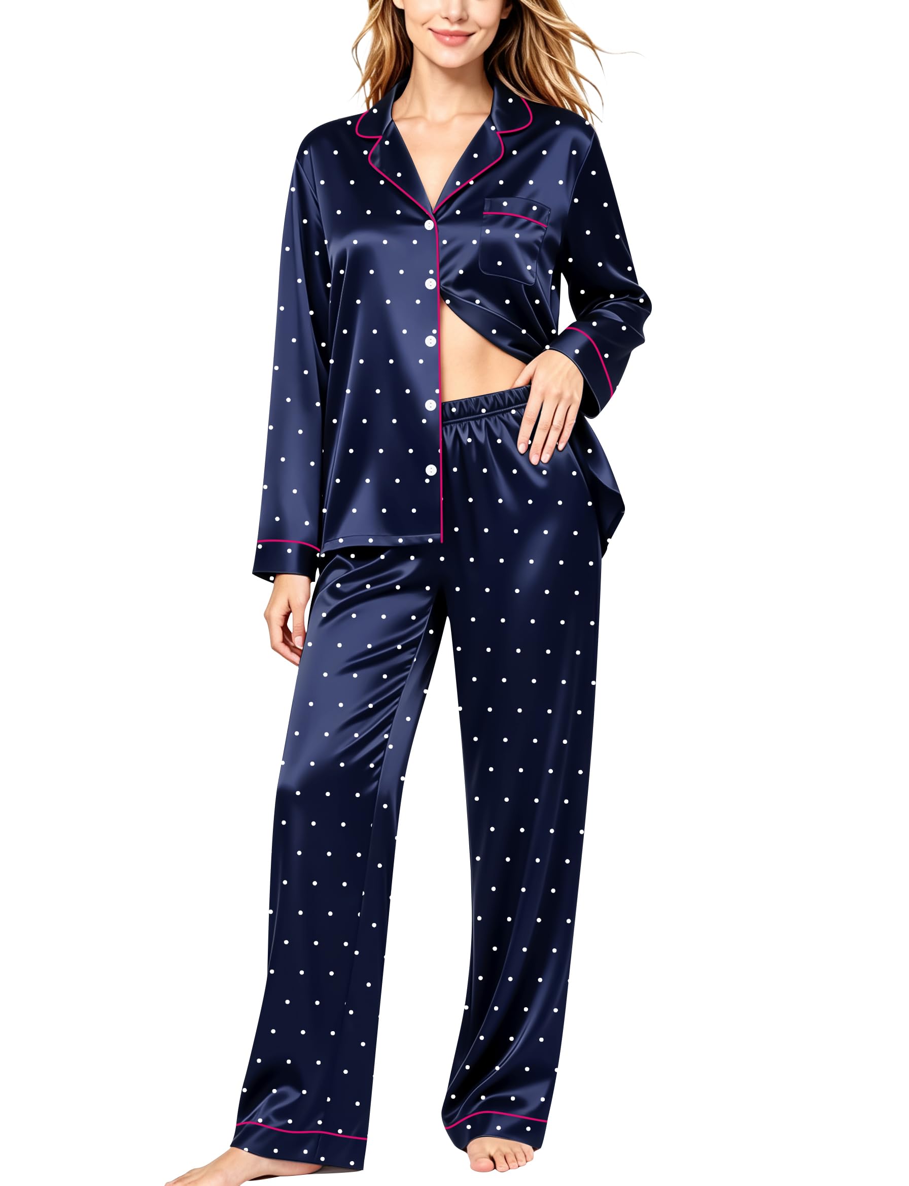 SWOMOG Womens Silk Satin Pajamas Set Long Sleeve Button Down Sleepwear 2 Piece Lounge Set Pj Set XS-3XL