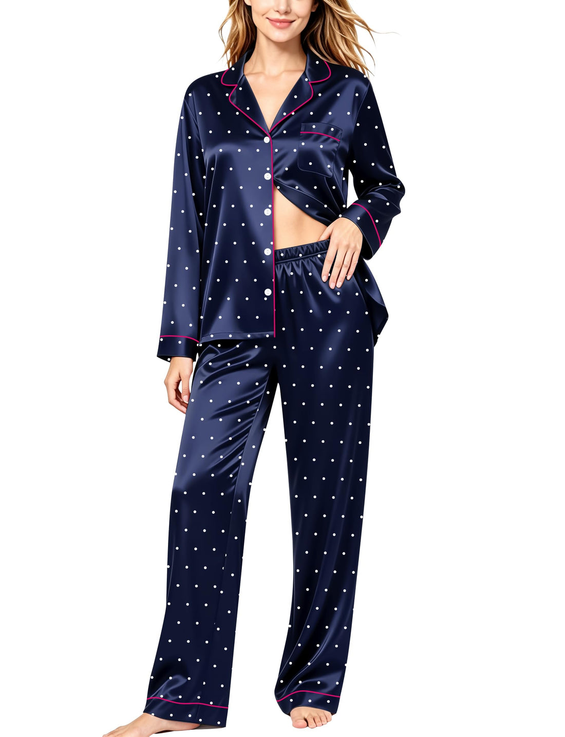 SWOMOG Womens Silk Satin Pajamas Set Long Sleeve Button Down Sleepwear 2 Piece Lounge Set Pj Set XS-3XL