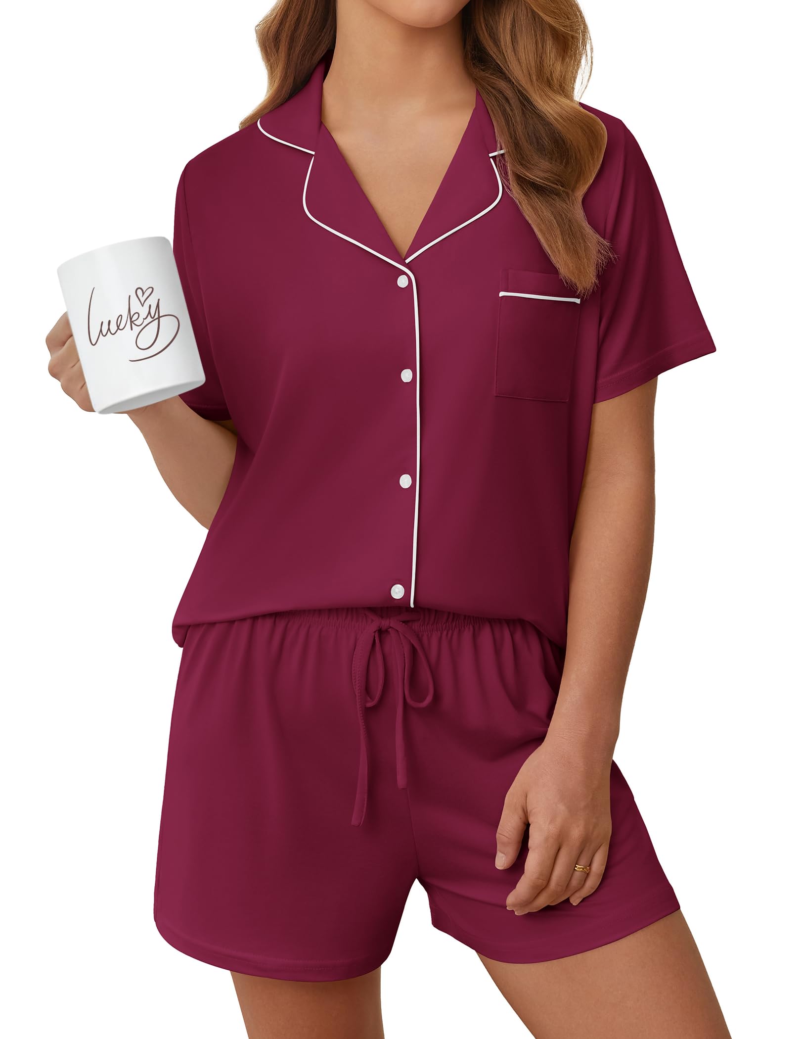 Womens Pajama Sets Summer Pjs Short Sleeve Button Down Top and Shorts Bride Sleepwear 2 Piece Comfy Lounge Set S-XXL