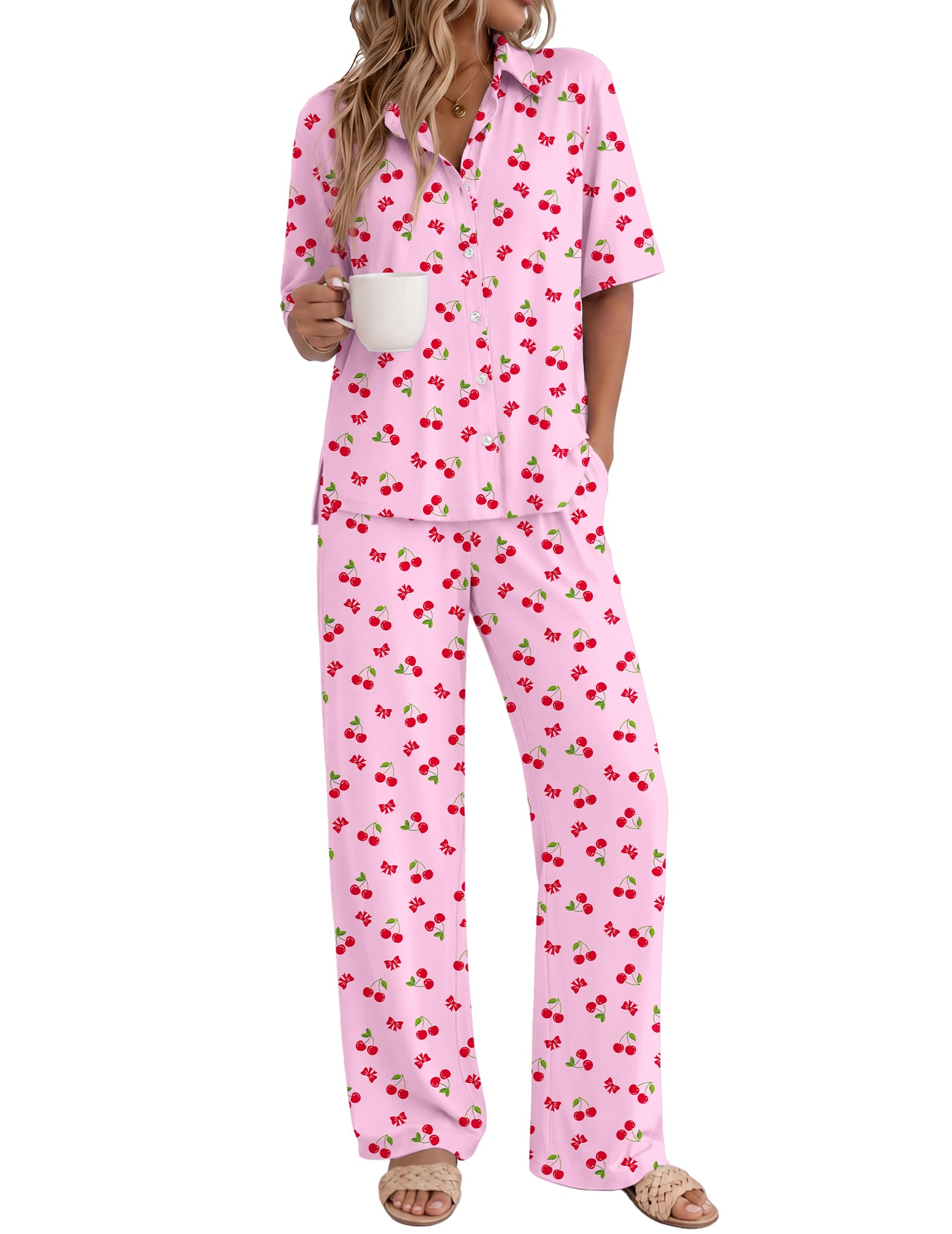 Ekouaer Pajamas for Women Set Button Up Short Sleeve Pjs with Long Pants