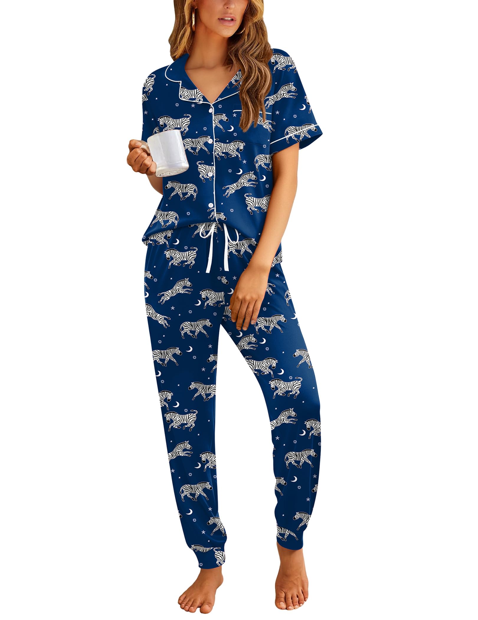 Ekouaer Women Pajama Set Short Sleeve Button Down Pjs with Jogger Pants