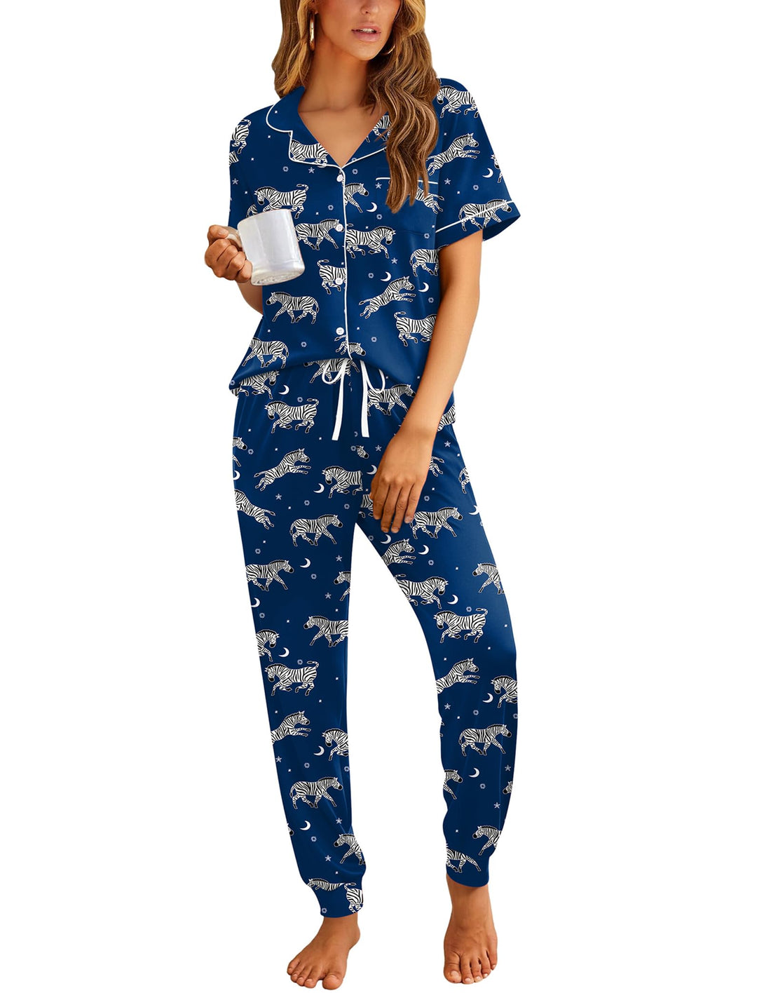 Ekouaer Women Pajama Set Short Sleeve Button Down Pjs with Jogger Pants